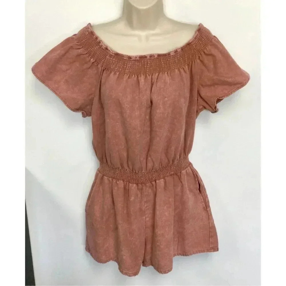 Easel Women's Marron Off The Shoulder Elastic Waist Romper Shorts Size Large